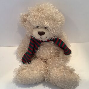 Ty Tysilk Cream Teddy Bear Swirly Hair Green and Red Scarf Stuffed Animal Toy